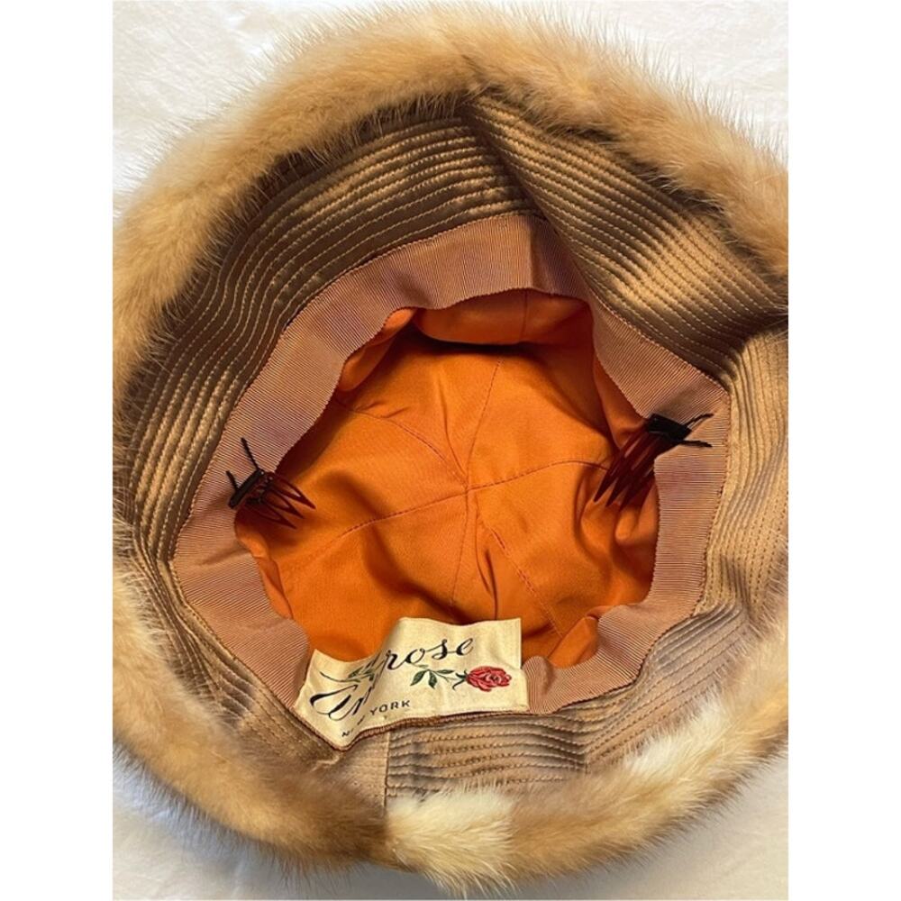 Vintage Amrose New York Genuine Mink Fur Satin Cloche Hat Cossack Winter Brown - Picture 6 of 8